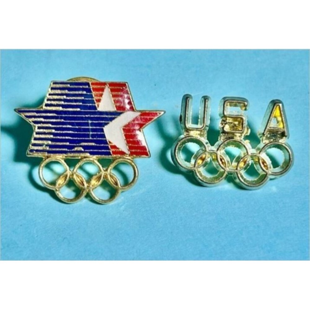 1984 LA Olympic Moving star Logo pin & Olympic rings gold tone pin